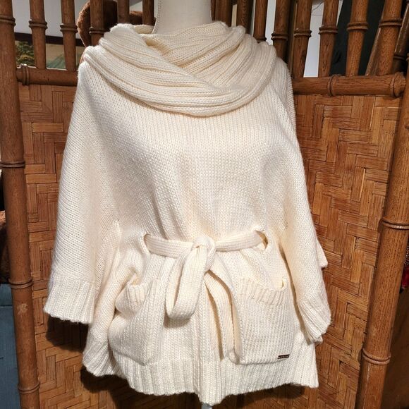 Michael Kors Women Cream Cowl Neck Belted Knit Cape Poncho jacket Sweater SZ S/M - Picture 1 of 7